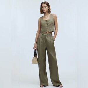 NWT Madewell The Petite Harlow Wide-Leg Pant in 100% linen distant Surplus green